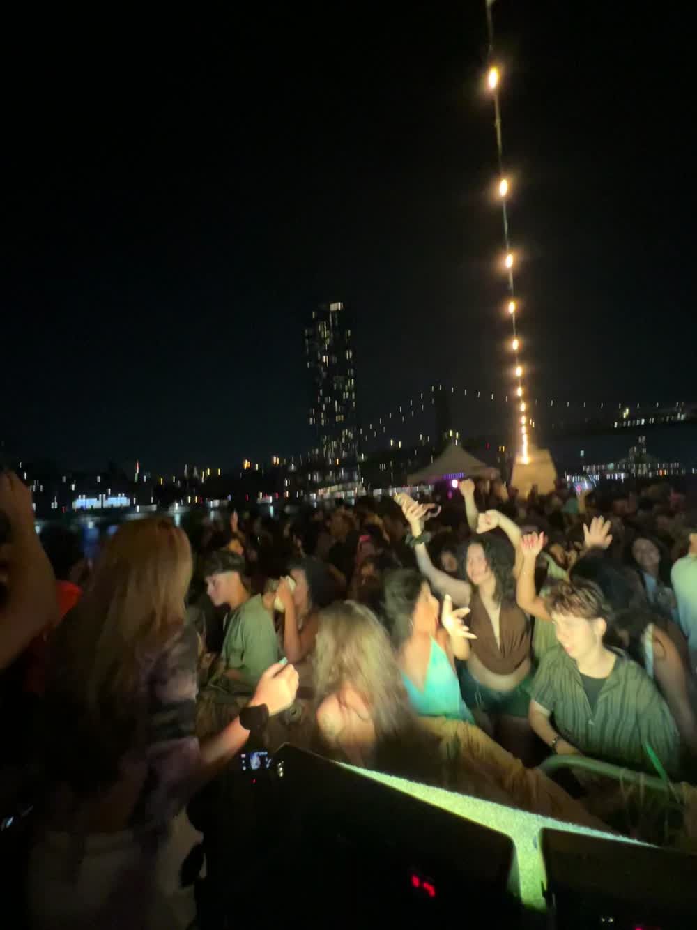 Crowd dancing at a night party with a city skyline behind