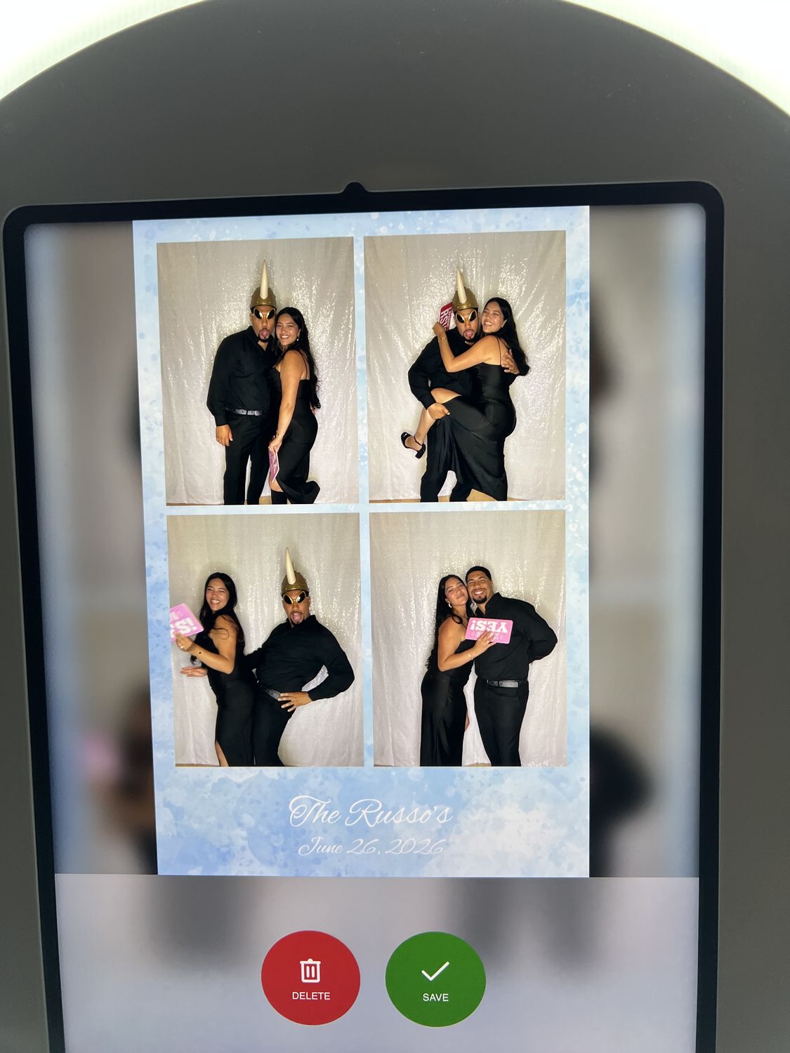 Photo booth screen showing a four-frame photo strip